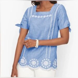 Talbots Women's Blue Linen Embroidered Square Neck Top Sz Med EUC Short Sleeve